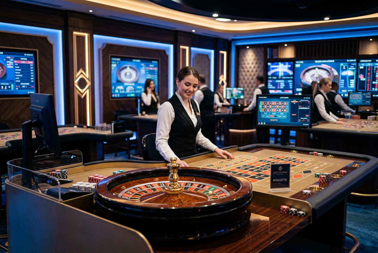A luxurious live casino studio with a Greek theme.